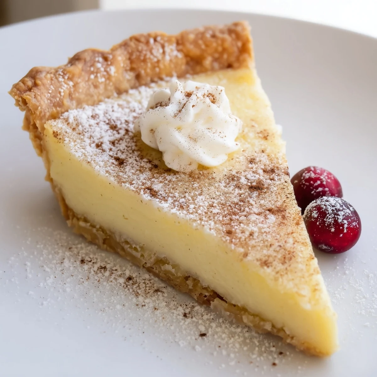 Warm golden Christmas Eve Custard Pie With Cinnamon Vanilla, dusted powdered sugar.