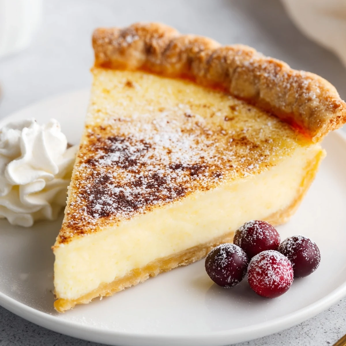 Faint steam rises from sliced Christmas Eve Custard Pie With Cinnamon Vanilla.