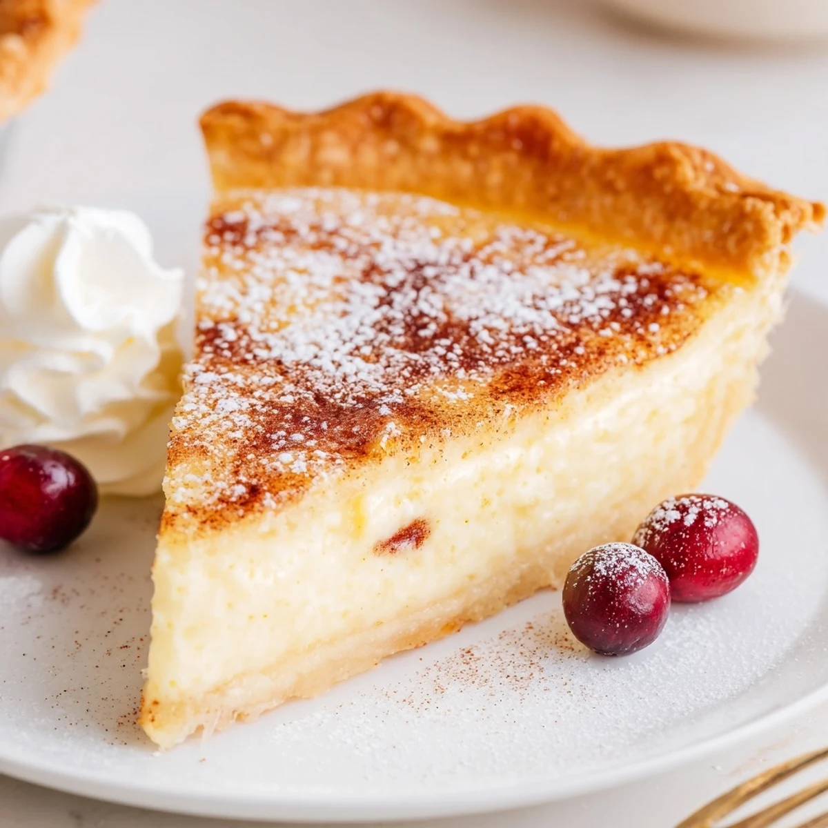 Creamy Christmas Eve Custard Pie With Cinnamon Vanilla topped by whipped cream.