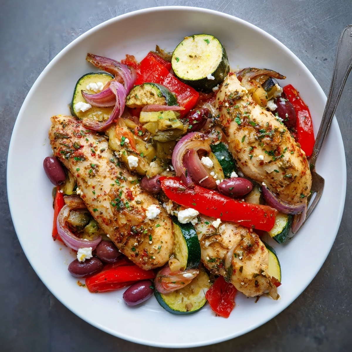 Warm Sheet Pan Mediterranean Chicken Zucchini aromatically seasoned with lemon, olives, parsley