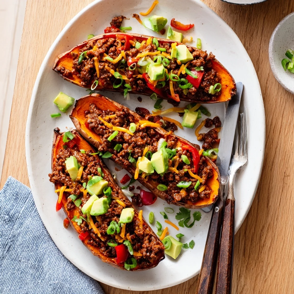 Roasted sweet potato boats filled with hot honey ground beef topped with melted cheese and fresh cilantro