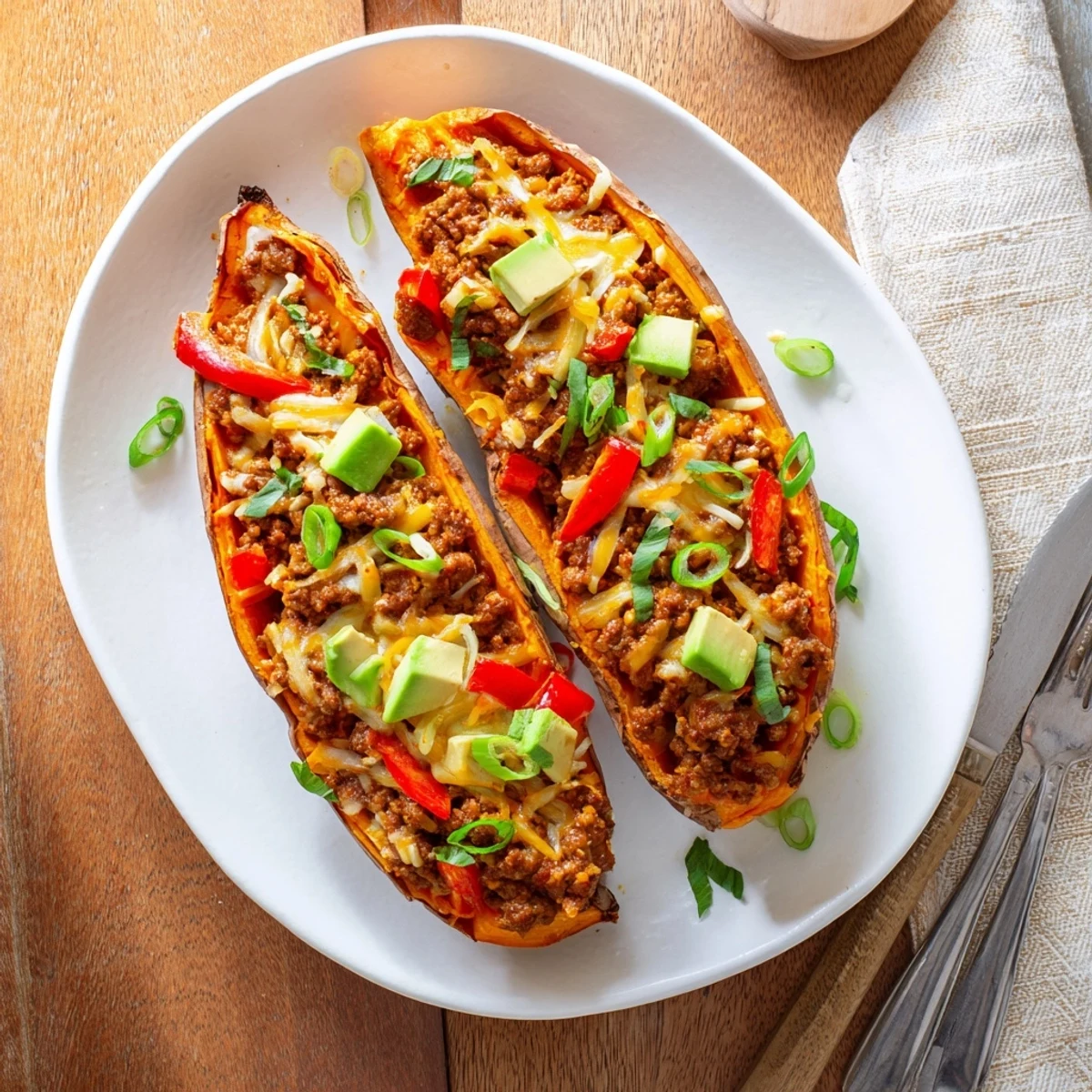 Whole roasted sweet potatoes overflowing with hot honey beef mixture and creamy avocado slices on top
