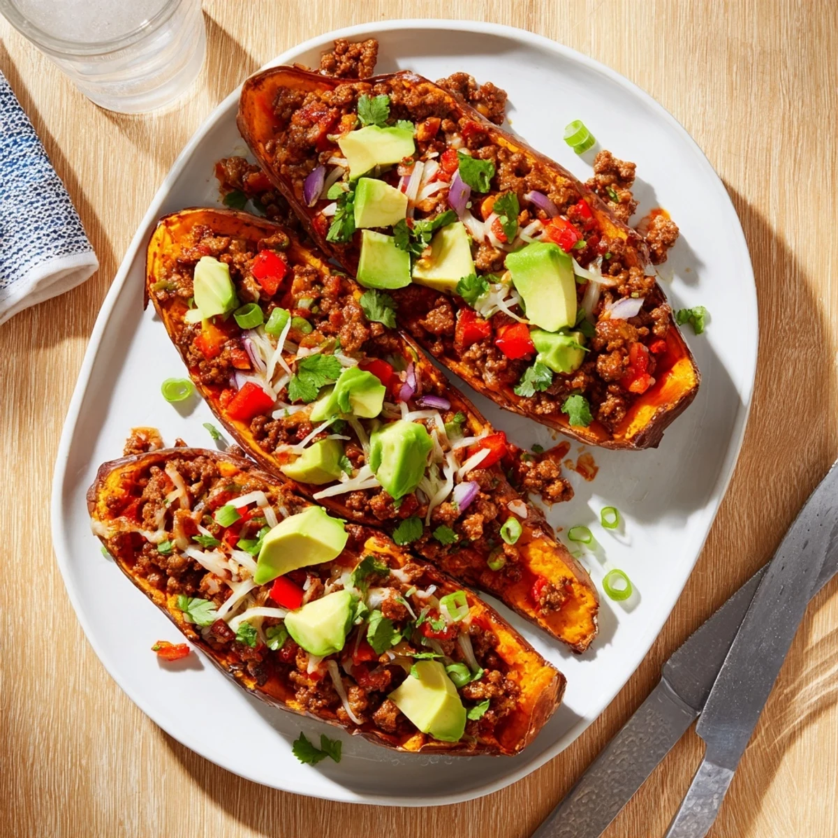 Fluffy baked sweet potatoes stuffed with spicy sweet seasoned ground beef and garnished with green onions