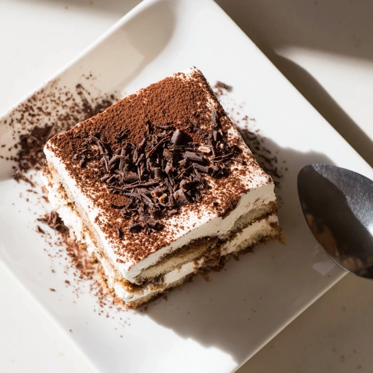 Homemade tiramisu recipe showing creamy mascarpone filling between coffee-dipped ladyfinger slices dusted with dark chocolate