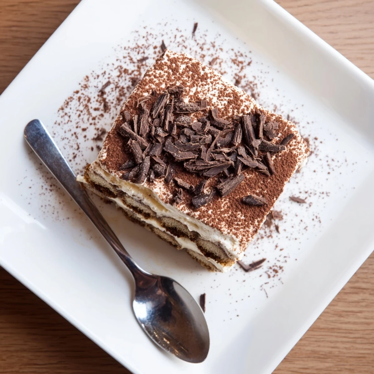 Traditional tiramisu recipe displayed in a glass square dish with cocoa-dusted layers and whipped mascarpone frosting
