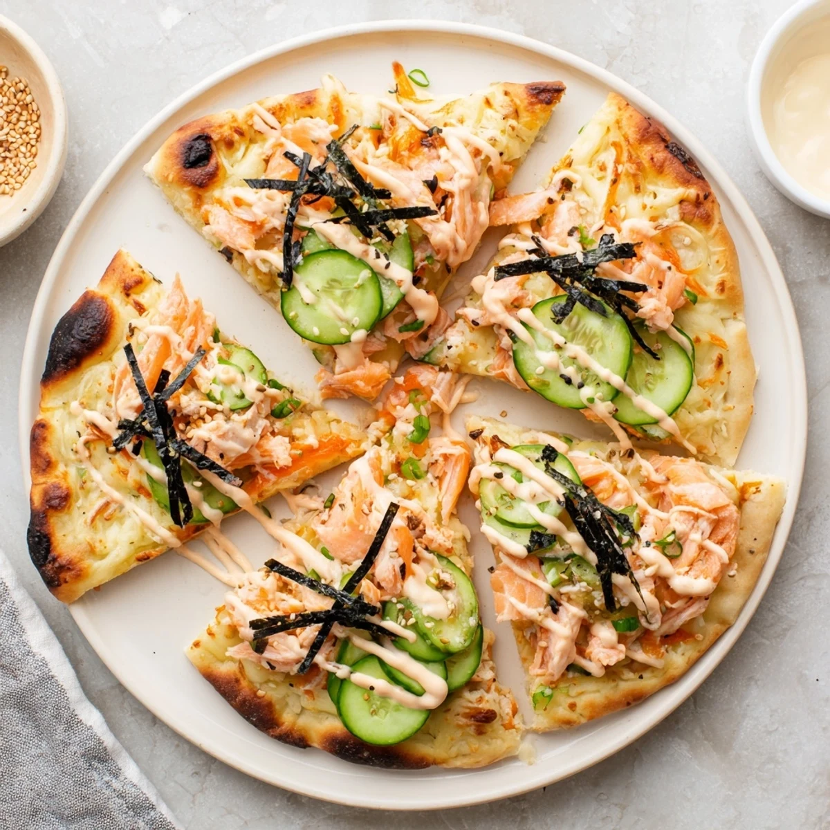 Fusion salmon sushi bake pizza featuring fresh cucumber, nori strips, and zesty spicy mayo sauce
