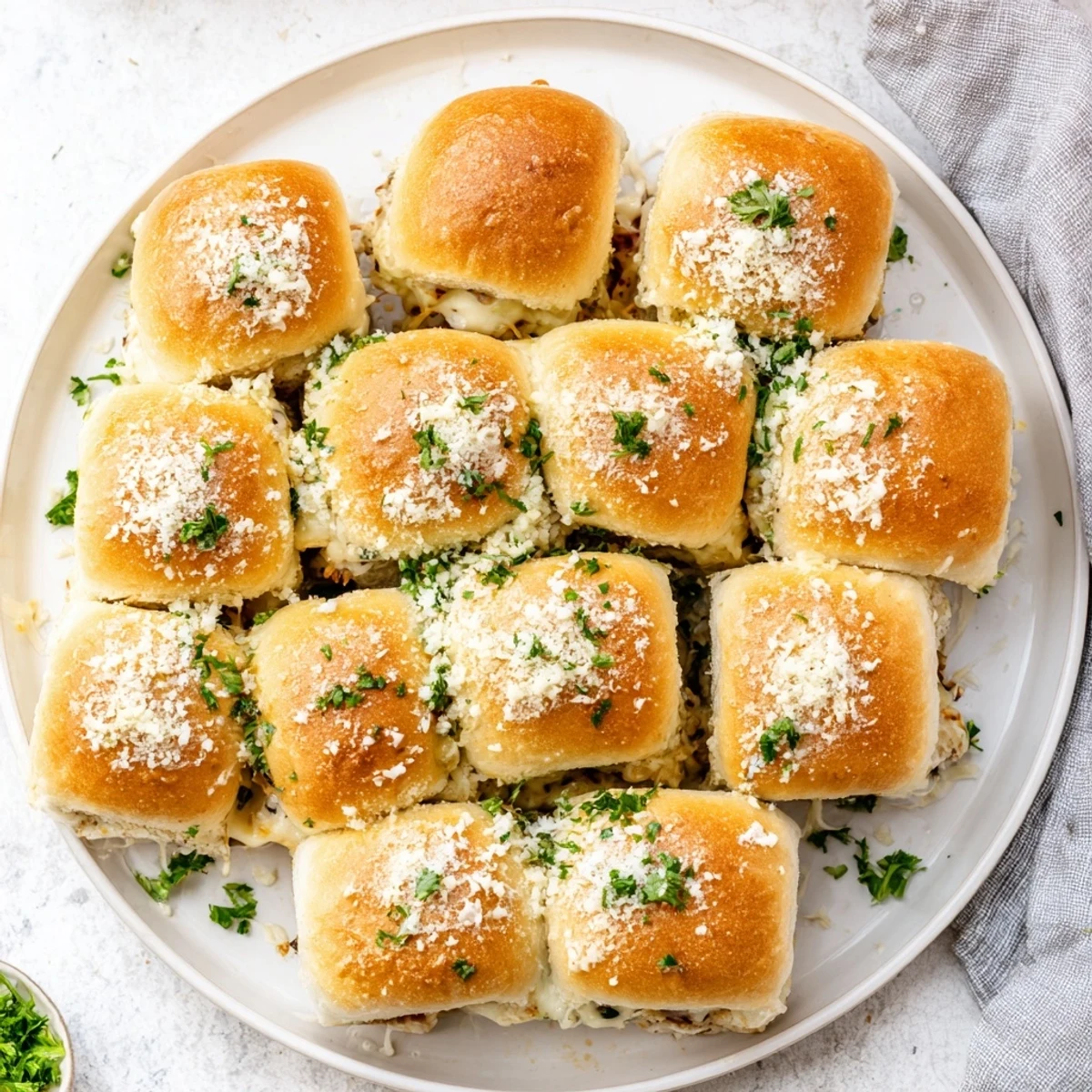 Golden brown mini grilled cheese Hawaiian rolls with melted mozzarella and cheddar oozing from the sides