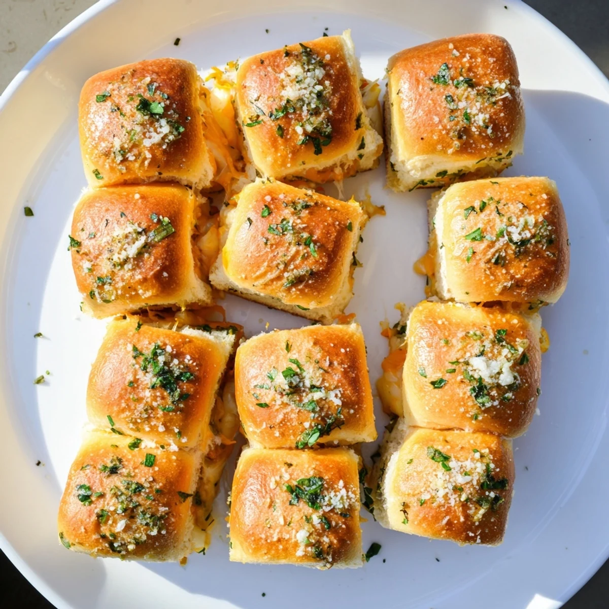 Bite-sized Hawaiian sweet roll sliders stuffed with gooey cheese and brushed with garlic butter for a crowd-pleasing appetizer