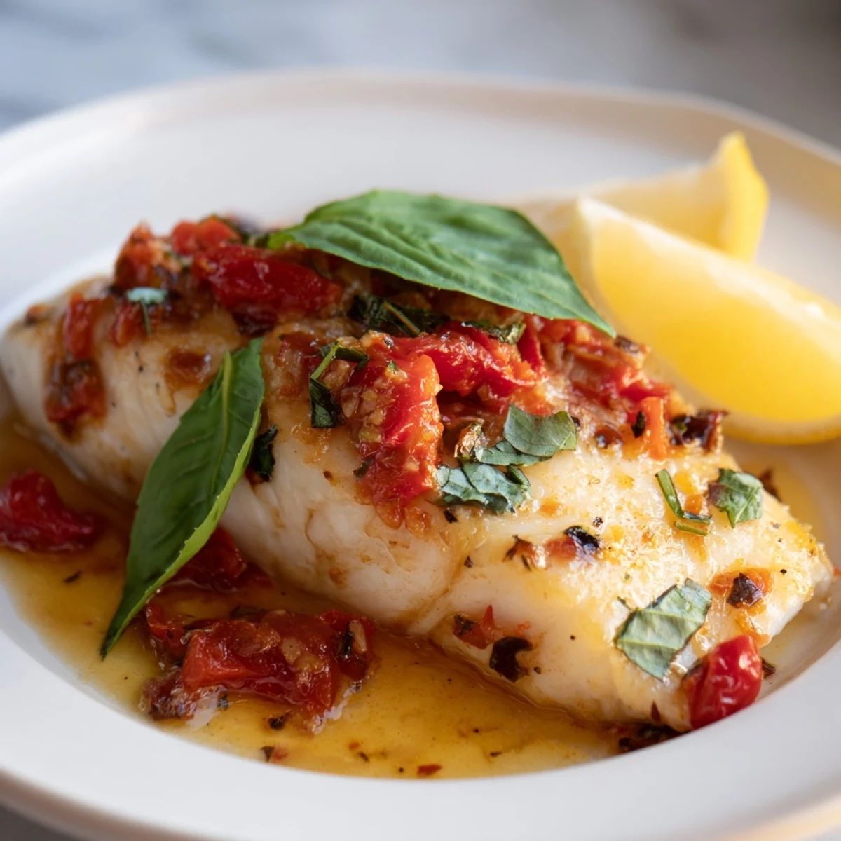 Golden grilled halibut fillets poached in creamy tomato-butter sauce with fresh basil