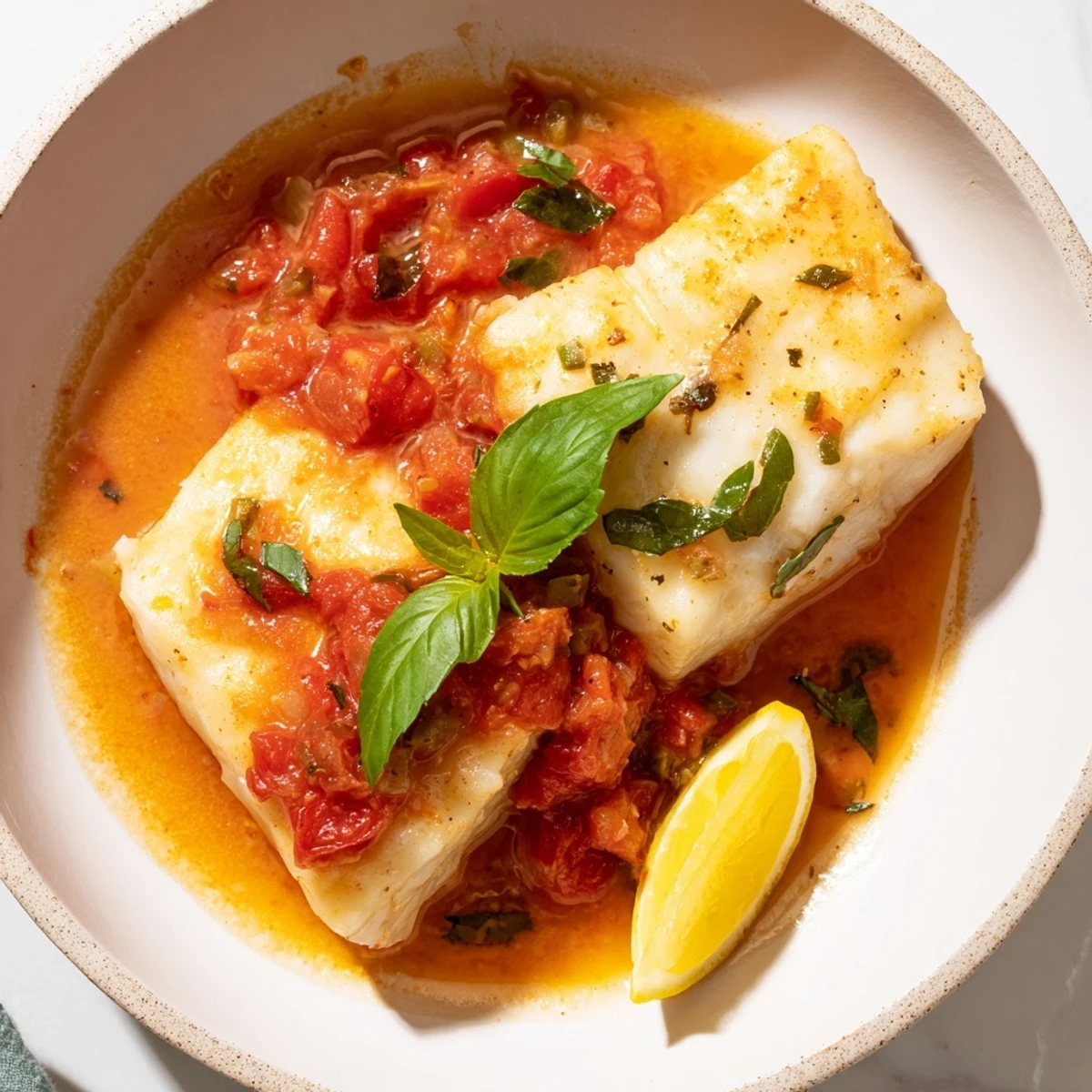 Flaky white halibut swimming in rich tomato butter sauce finished on the grill