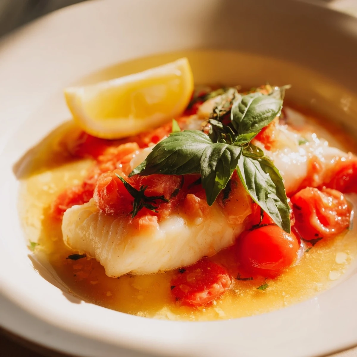 Tender grill-poached halibut topped with vibrant tomato-butter sauce and fresh basil garnish