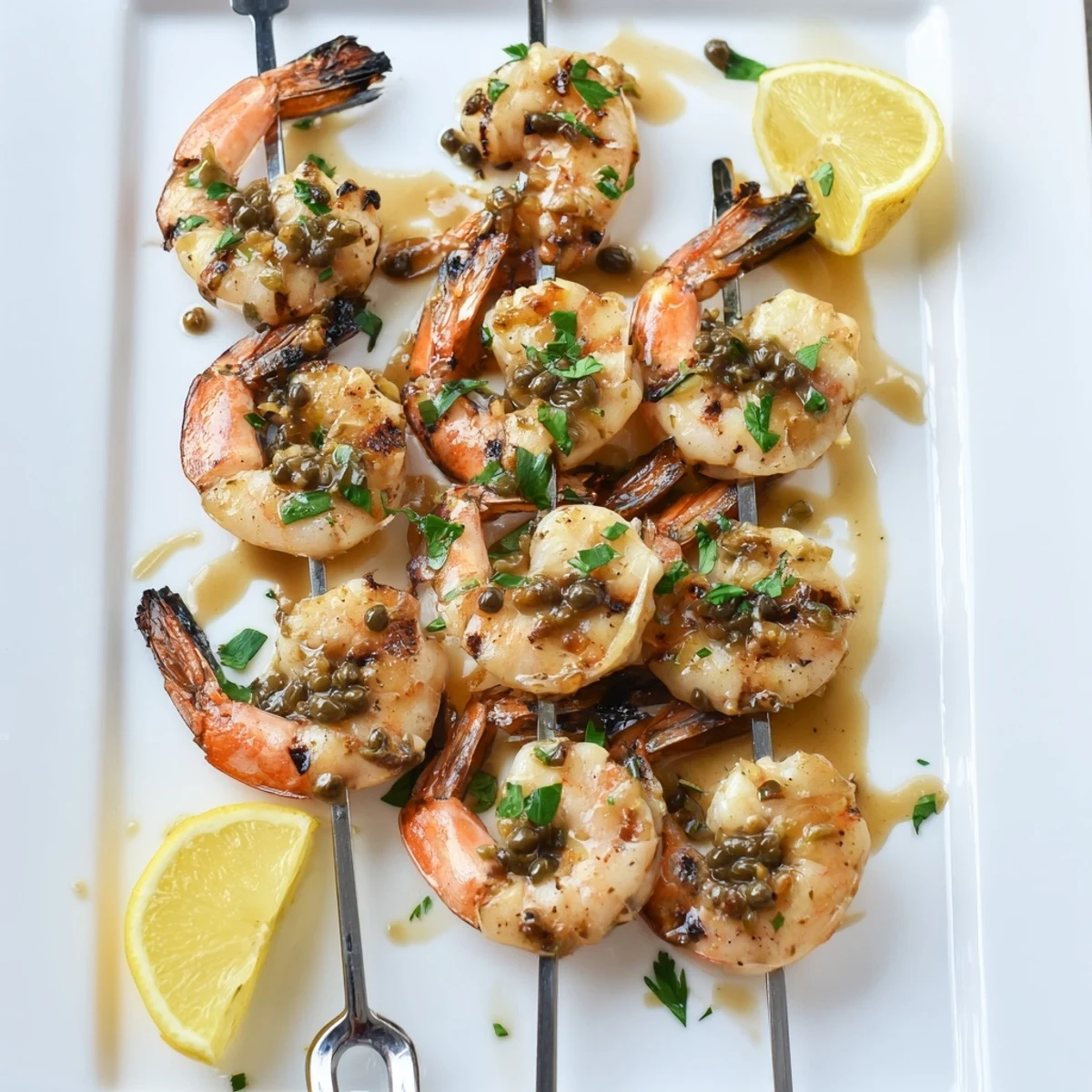 Golden grilled shrimp piccata skewers brushed with zesty lemon butter sauce and capers