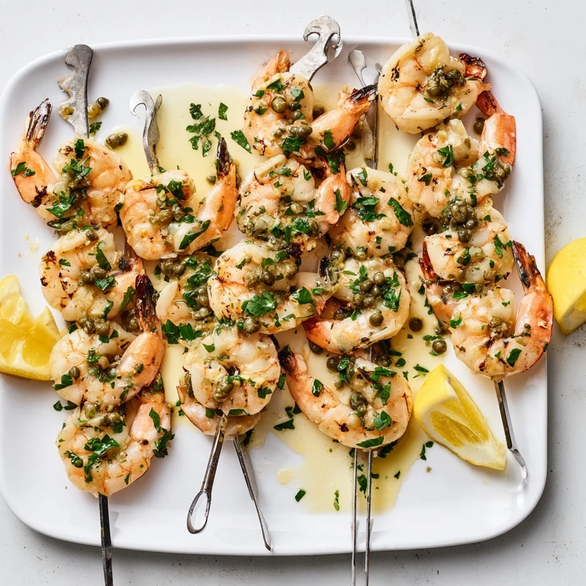 Sizzling grilled shrimp piccata skewers on a platter drizzled with buttery white wine sauce
