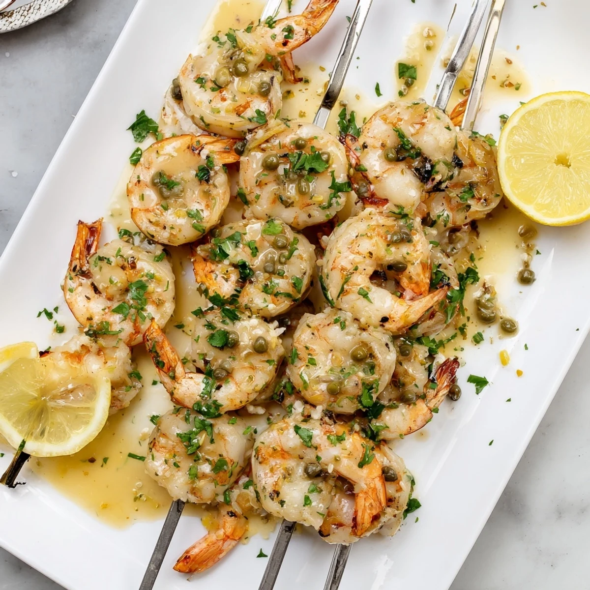 Charred grilled shrimp piccata skewers garnished with fresh parsley and served with lemon wedges