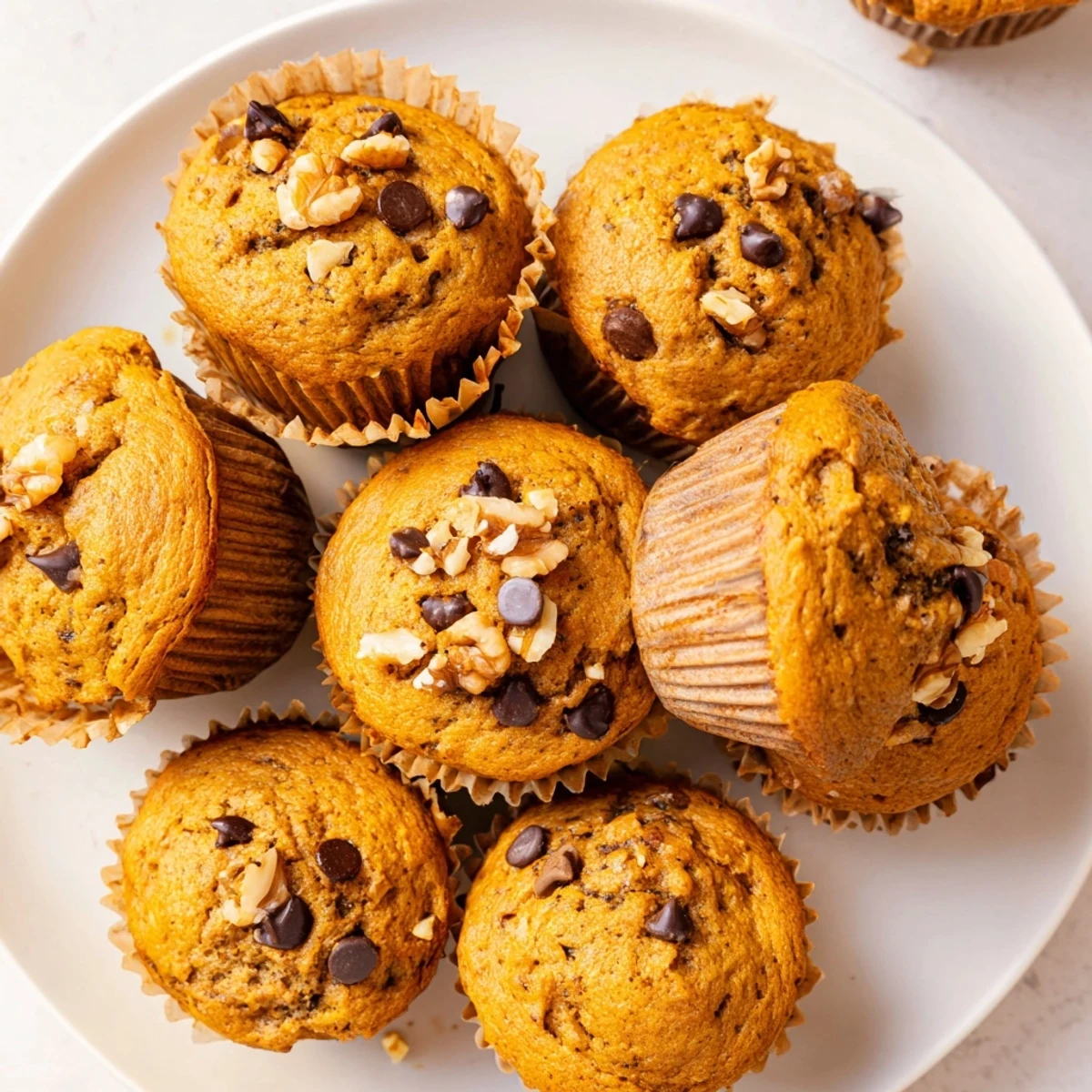 Golden pumpkin banana muffins topped with walnuts on a rustic wooden board