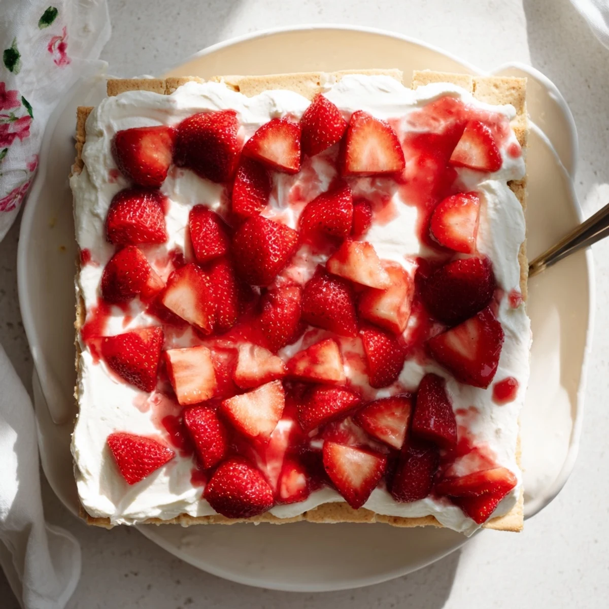 No bake strawberry shortcake dessert layered with whipped cream and fresh juicy berries in a square glass dish