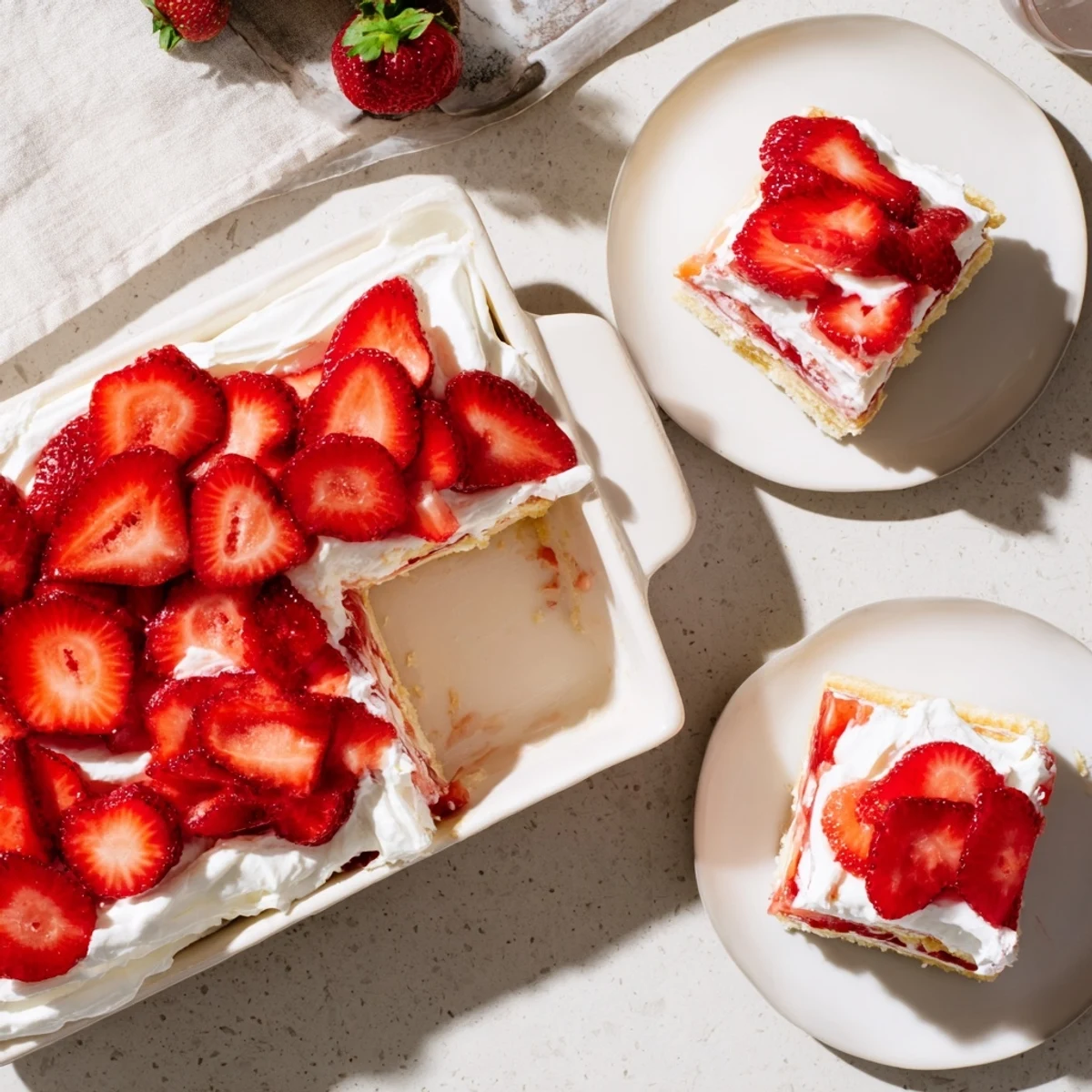 Creamy no bake strawberry shortcake dessert featuring sweet strawberries sandwiched between vanilla cookies and fluffy white whipped topping