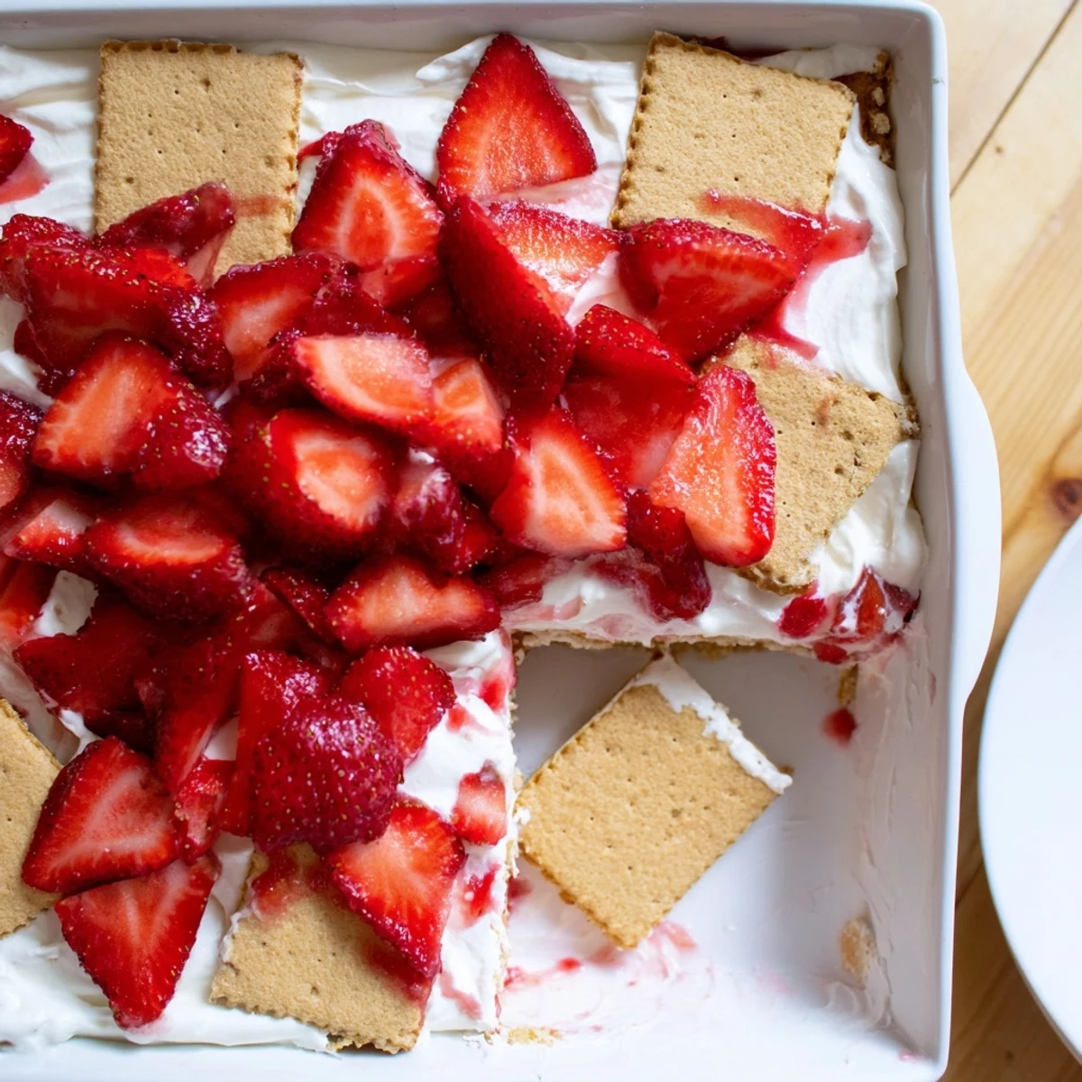 Sliced fresh strawberries topping this easy no bake strawberry shortcake dessert with alternating layers of tender cookies and cream