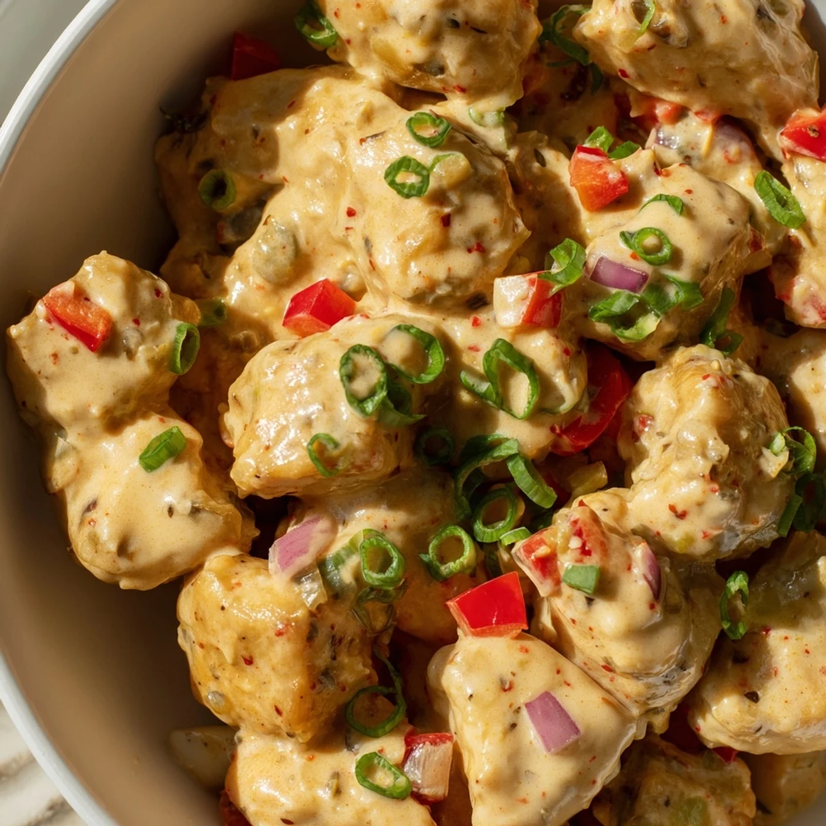 Golden chicken pieces in rich red creamy sauce served over fluffy white rice