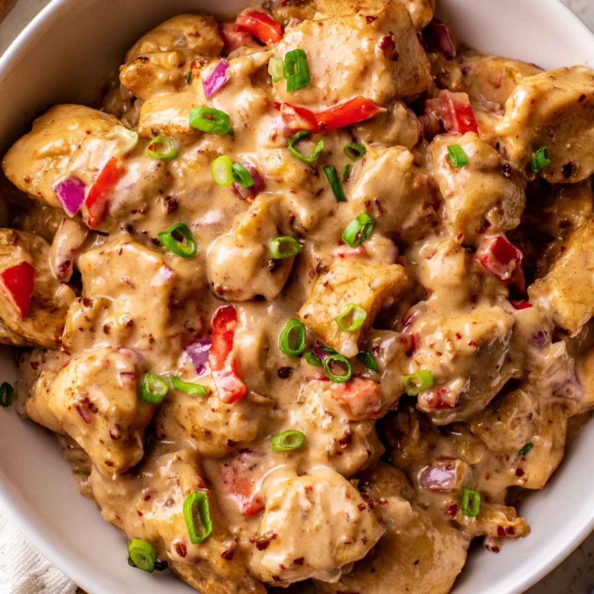 Spicy Cajun chicken rice bowl topped with colorful peppers and green onion garnish