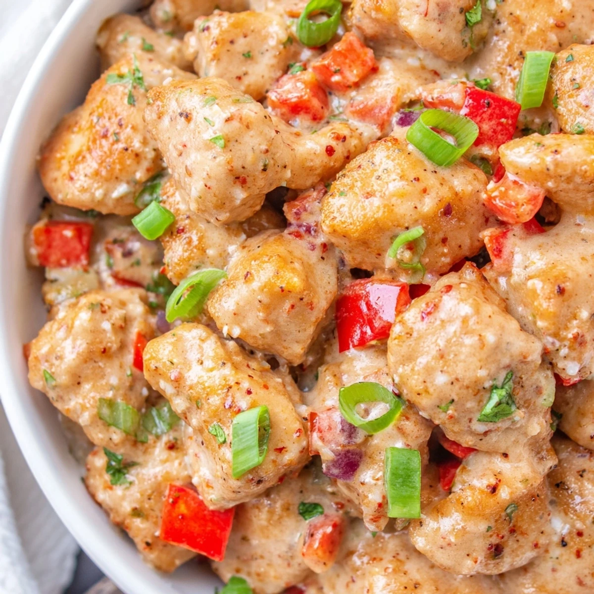 Creamy chicken and vegetables in Cajun spiced sauce arranged over steamed white rice