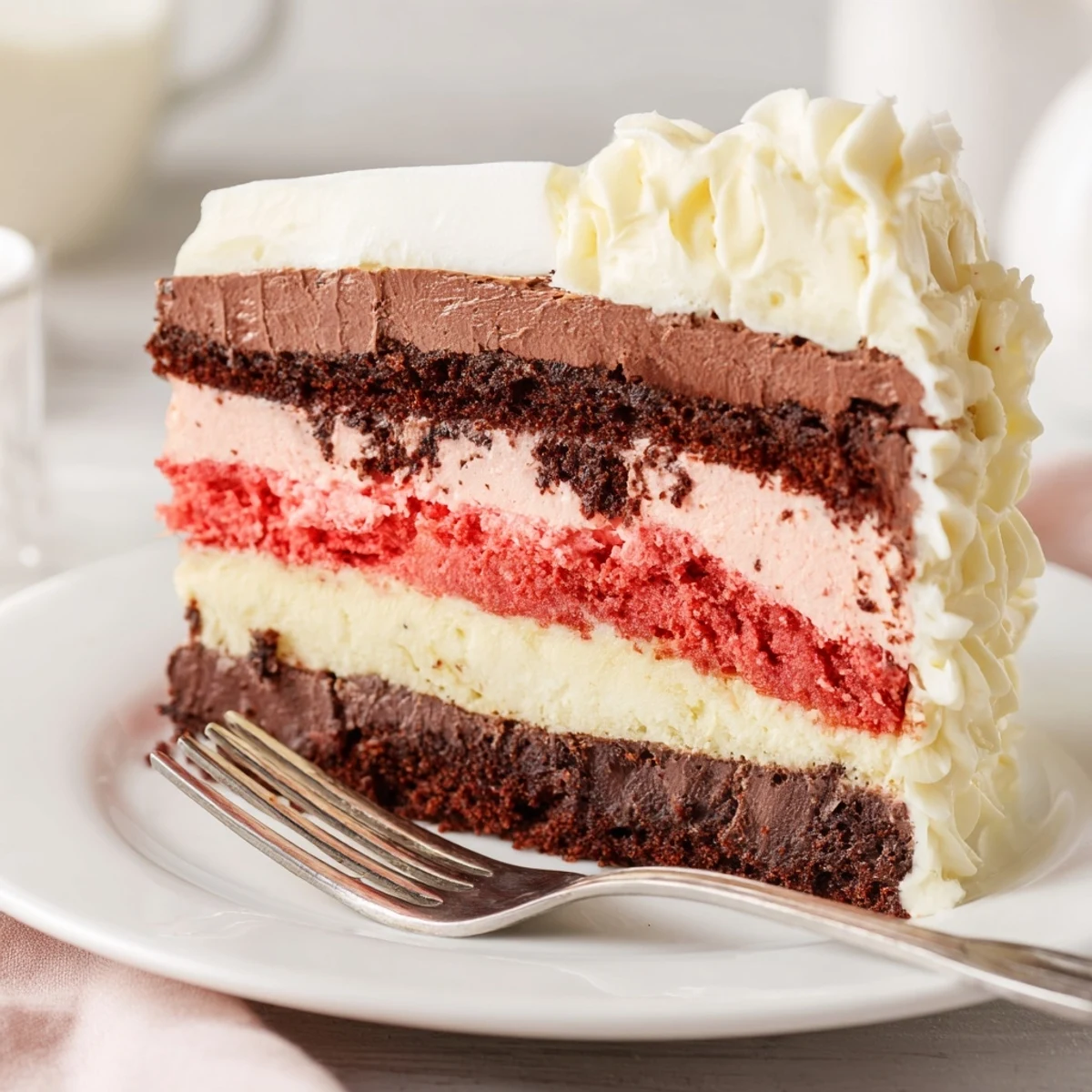 Homemade Neapolitan cake frosted with creamy white buttercream and topped with fresh red strawberries