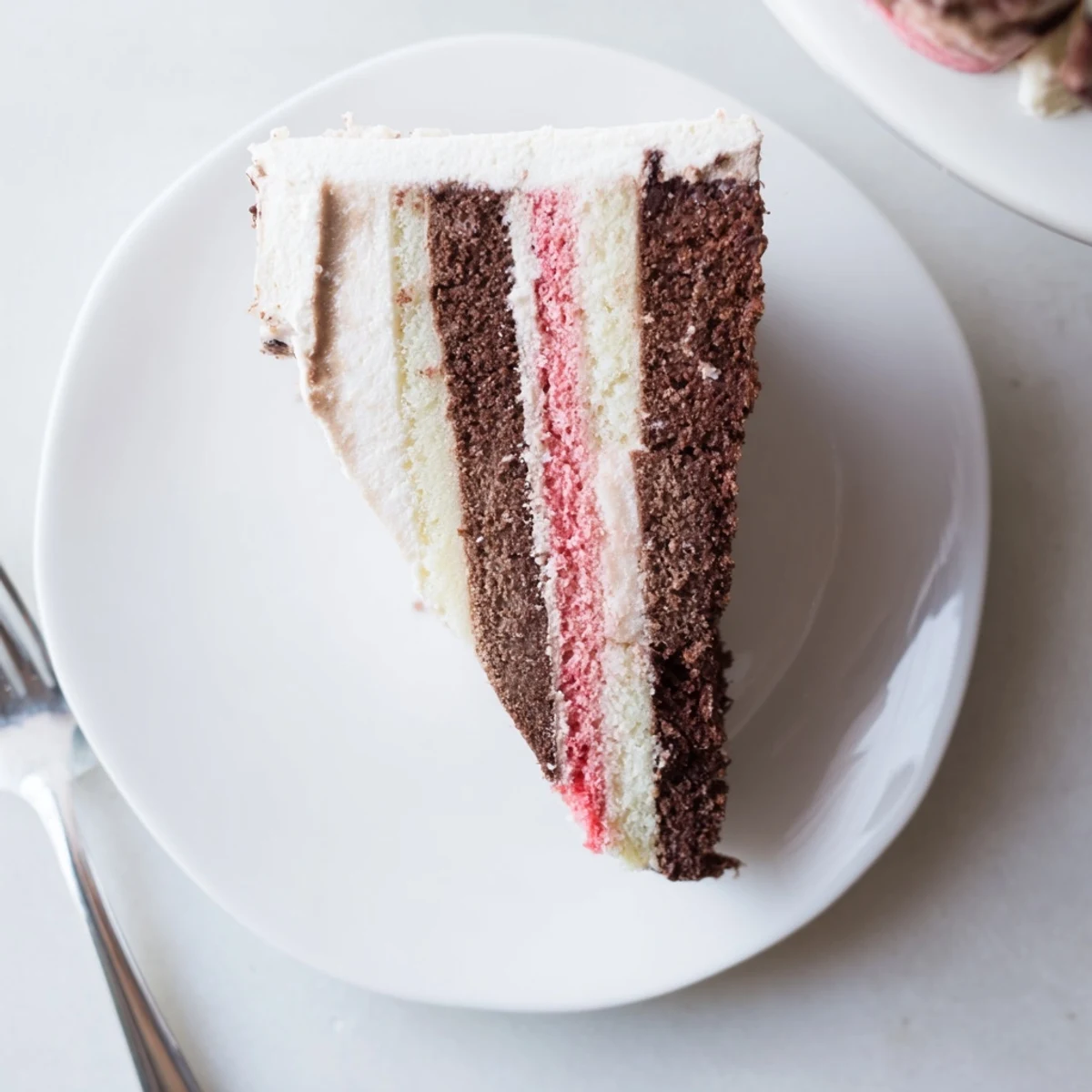 Slice of Neapolitan cake showing three vibrant horizontal layers of chocolate strawberry and vanilla