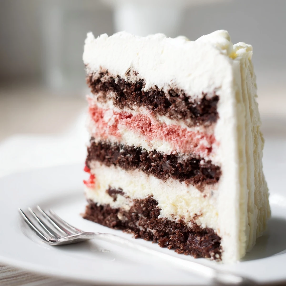 Tri-layer Neapolitan cake with chocolate strawberry and vanilla tiers stacked high on a white plate