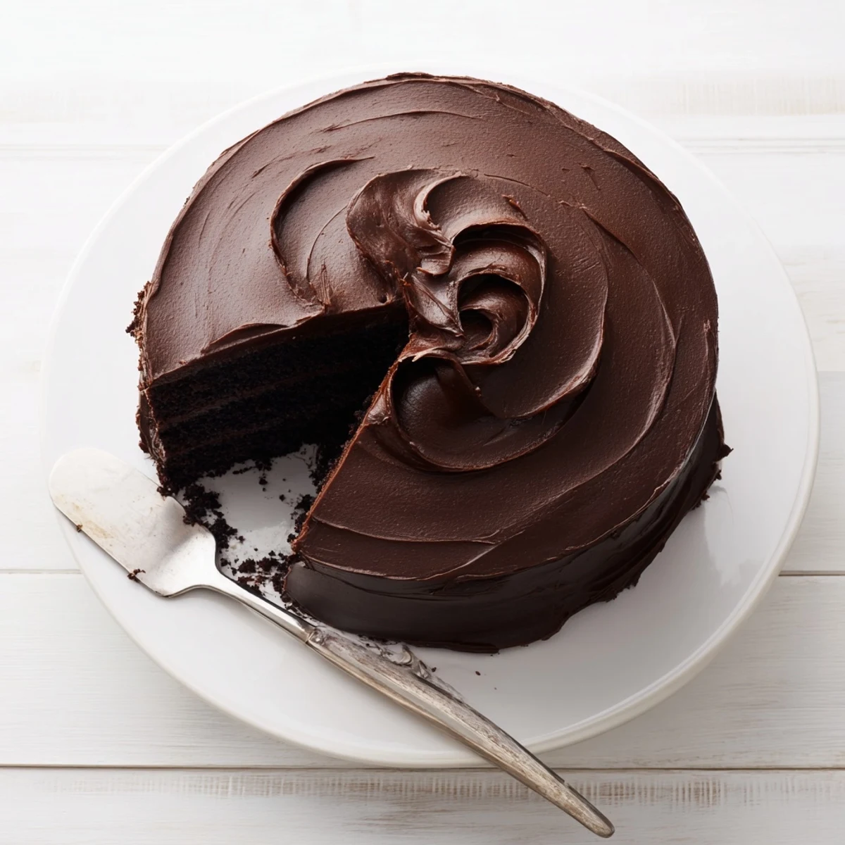 Moist Matilda chocolate cake with velvety frosting and signature swooped swirls on top