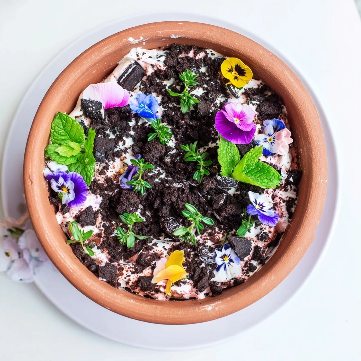 Whimsical edible potted floral garden dessert with chocolate cake layers and vibrant flowers topping chocolate soil