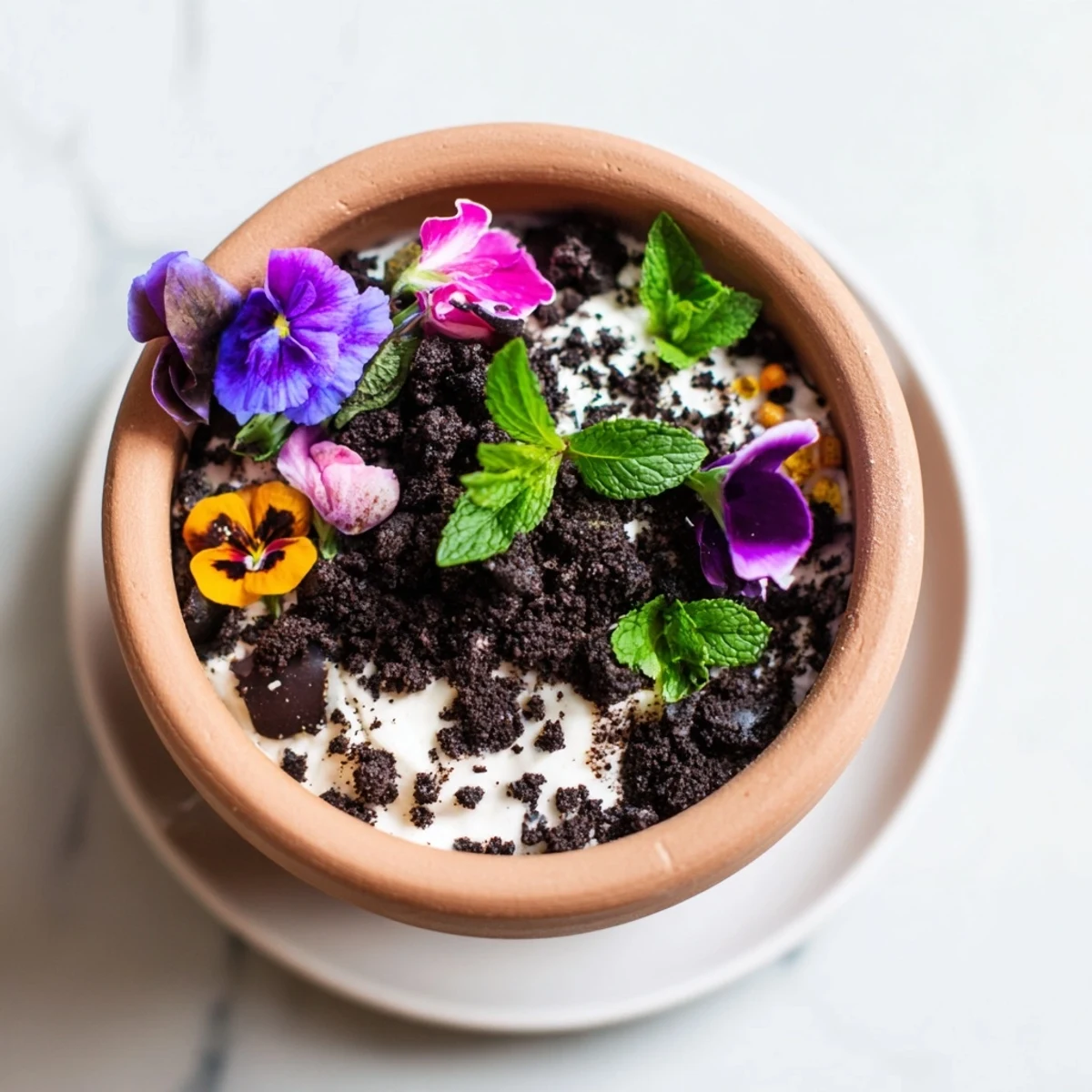 Dessert cup of edible potted floral garden showing crumbled chocolate cake beneath cookie soil and edible blooms