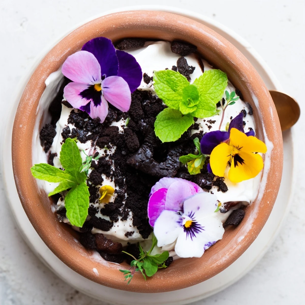 Chocolate cake and cream layered edible potted floral garden adorned with colorful pansies and fresh mint sprigs