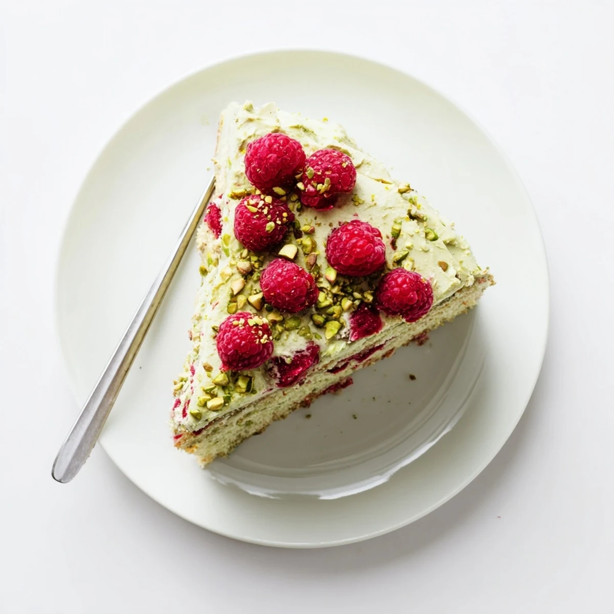 Moist pistachio raspberry cake slice topped with creamy green frosting and fresh red berries