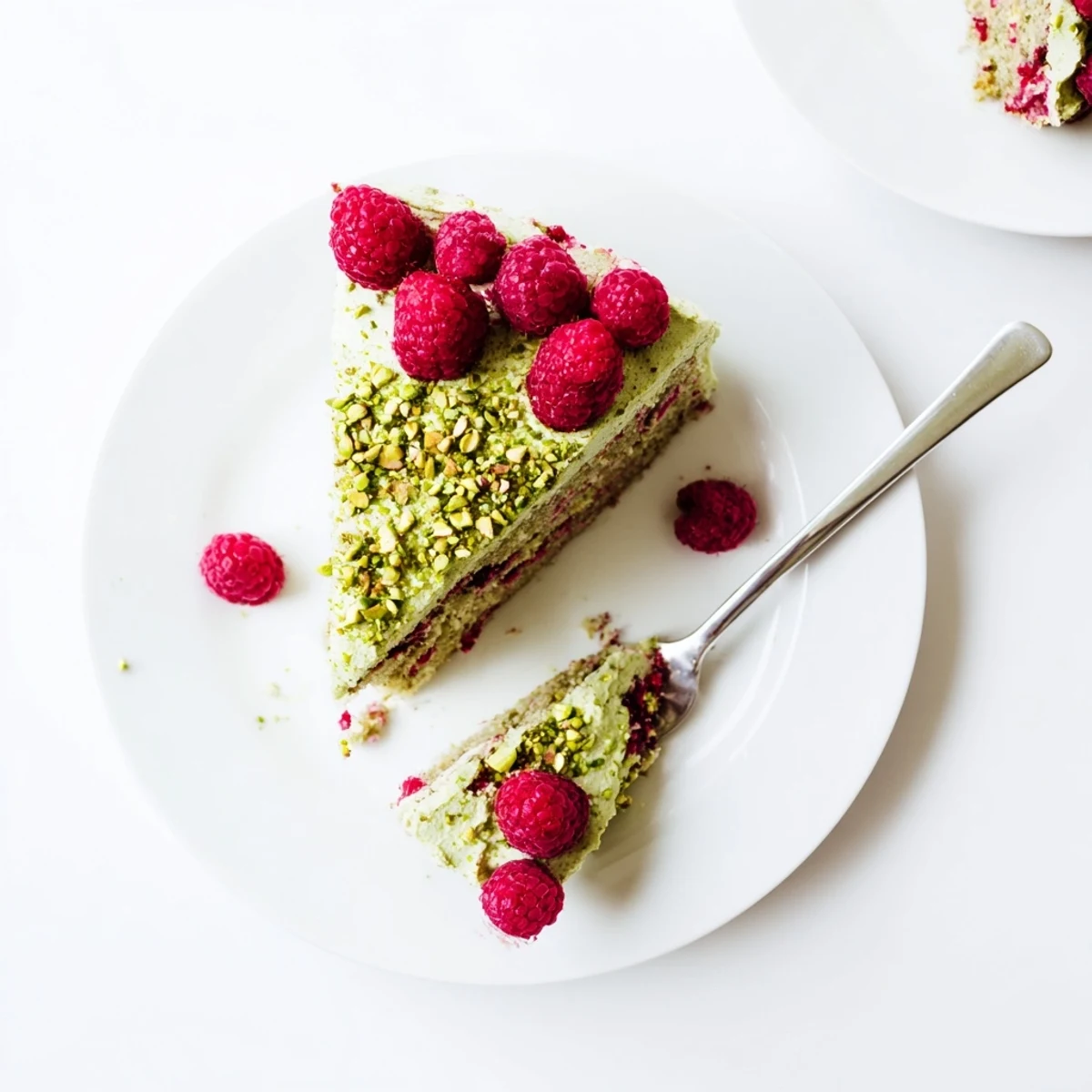 Slice of fluffy pistachio raspberry cake revealing red berry pockets beneath white pistachio cream frosting