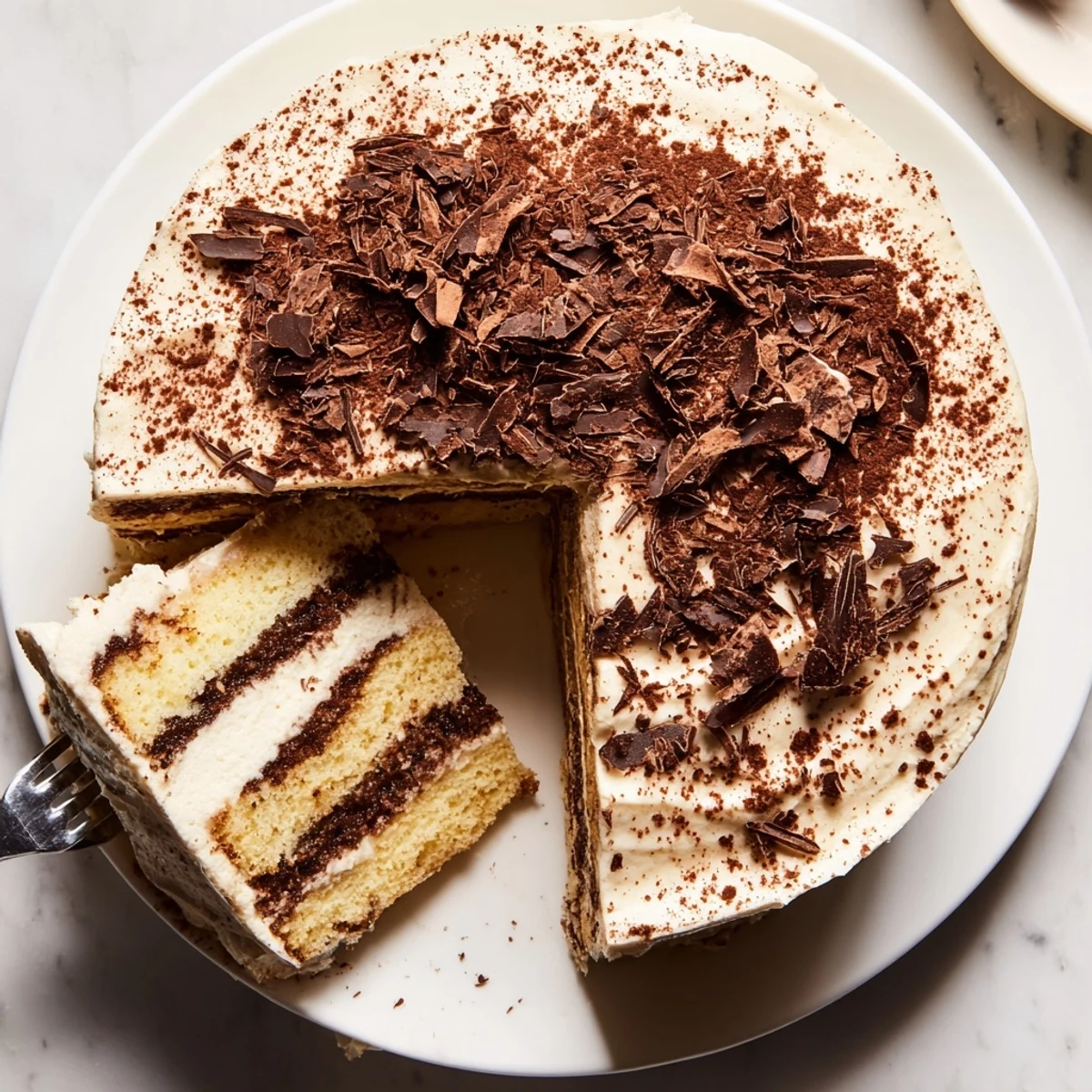 Slice of tiramisu cake showing coffee-soaked sponge layers with creamy mascarpone filling and cocoa dusting
