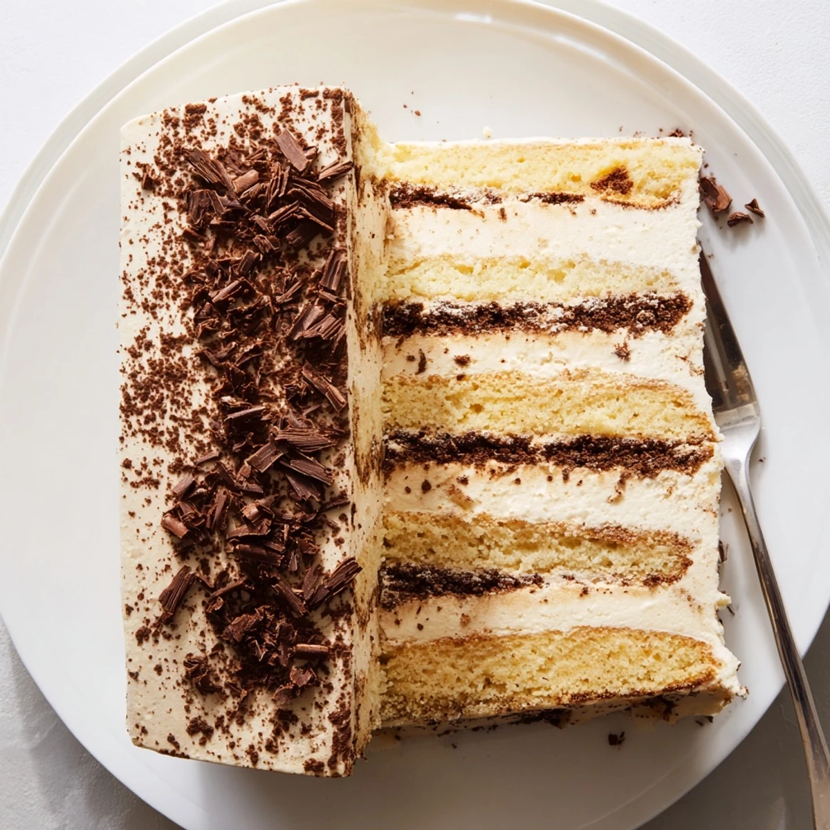 Homemade tiramisu cake layered with espresso syrup and fluffy mascarpone cream, topped with dark chocolate shavings