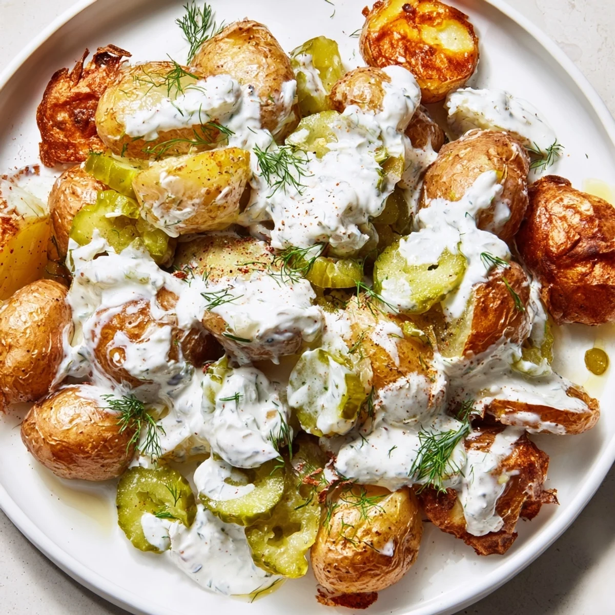 Golden smashed potatoes topped with tangy dill pickles and creamy homemade ranch dressing