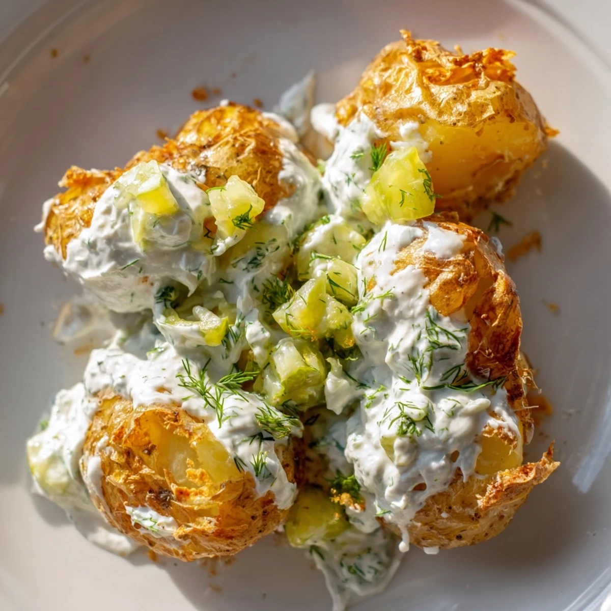 Crispy oven-baked baby potatoes drizzled with white sauce and fresh chopped dill pickles