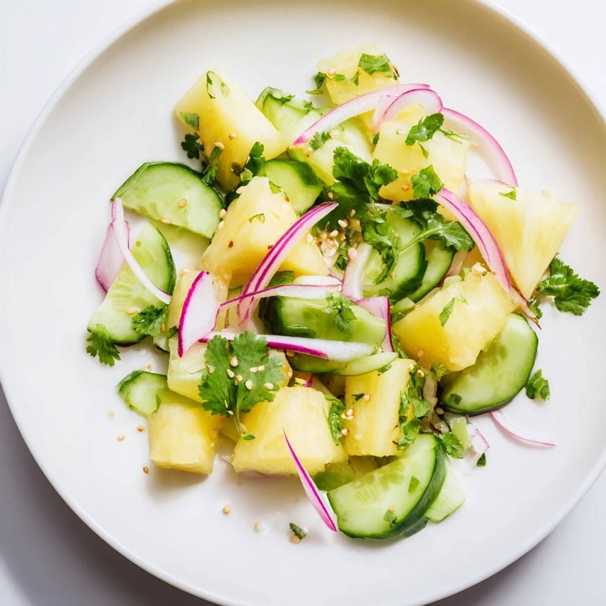 Fresh pineapple cucumber salad with diced fruit, red onion, cilantro, and zesty lime dressing in a white bowl
