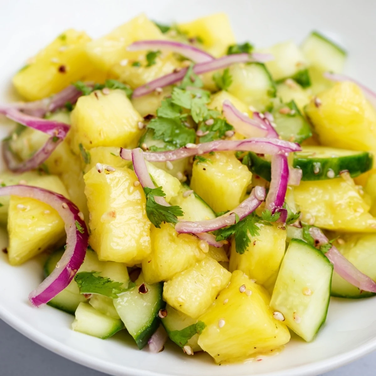Close-up of refreshing pineapple cucumber salad showing crisp cucumber chunks and sweet pineapple pieces coated in lime dressing