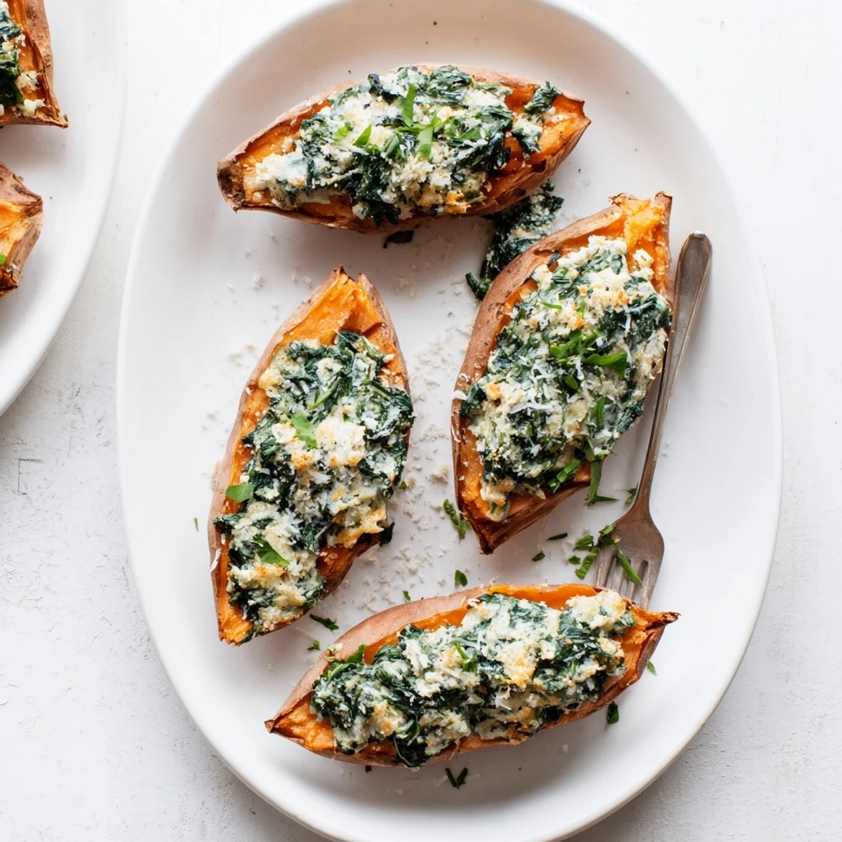 Whole baked sweet potatoes halved and filled with savory spinach ricotta cheese topping