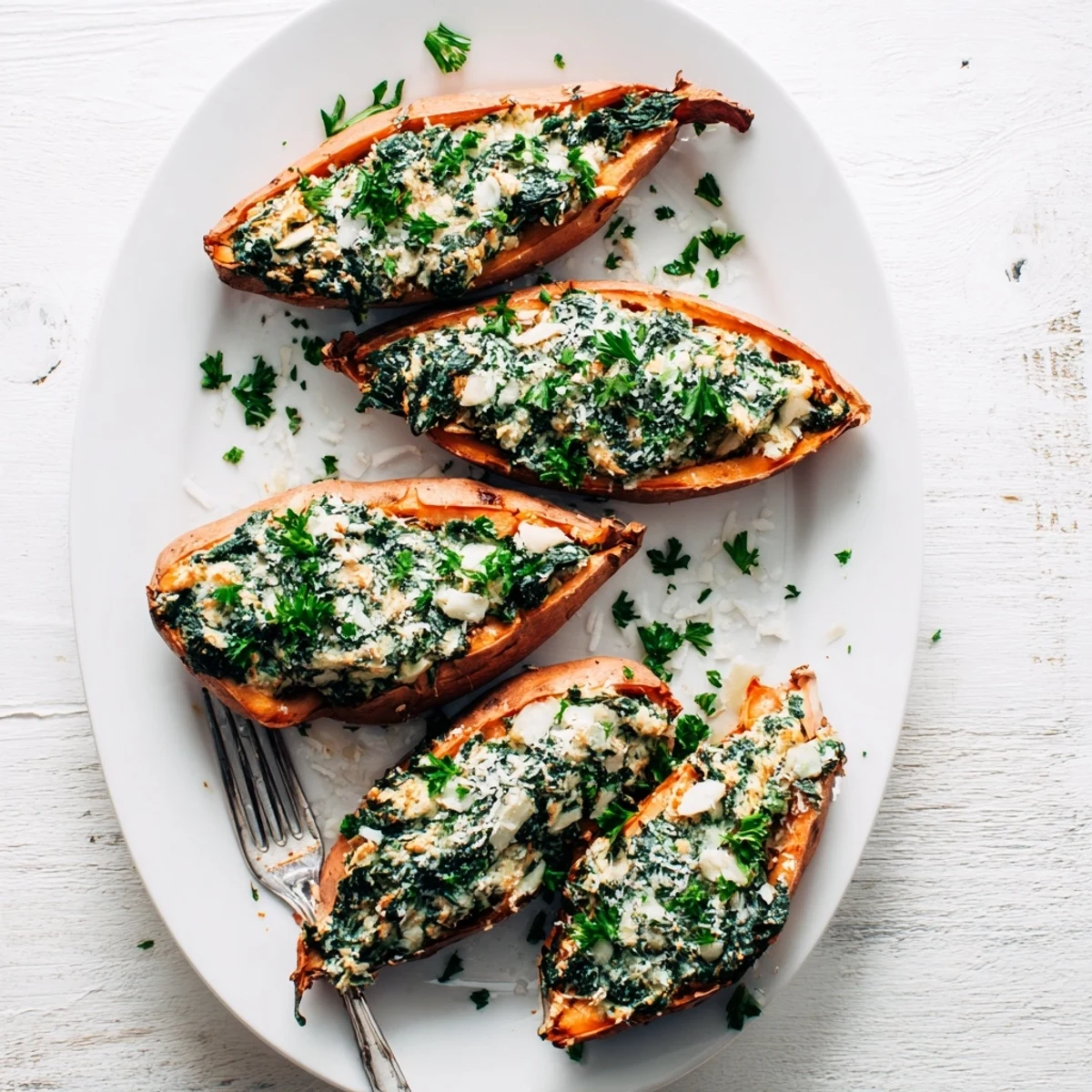 Baked sweet potatoes topped with creamy spinach ricotta filling on a rustic wooden table