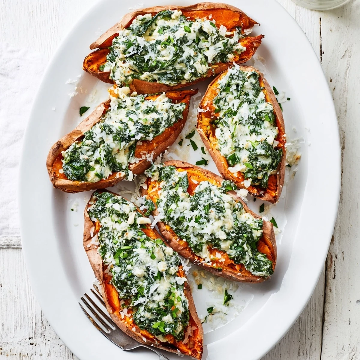 Golden oven-baked sweet potatoes stuffed with rich ricotta and vibrant green spinach mixture