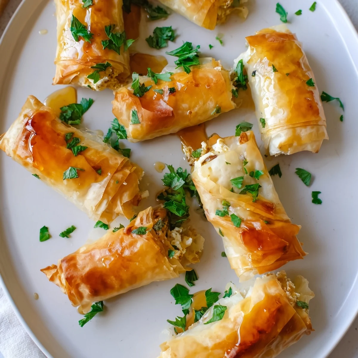 Golden oven fried feta rolls drizzled with spicy chili honey on a white serving plate