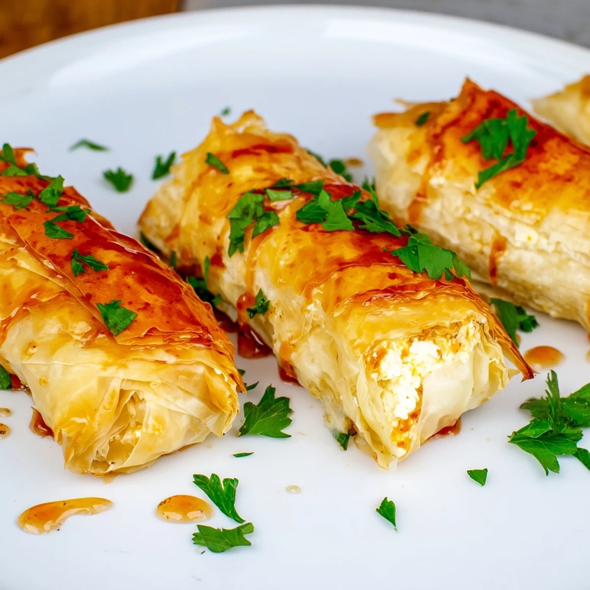 Crispy baked phyllo rolls filled with creamy feta cheese topped with sweet chili honey glaze