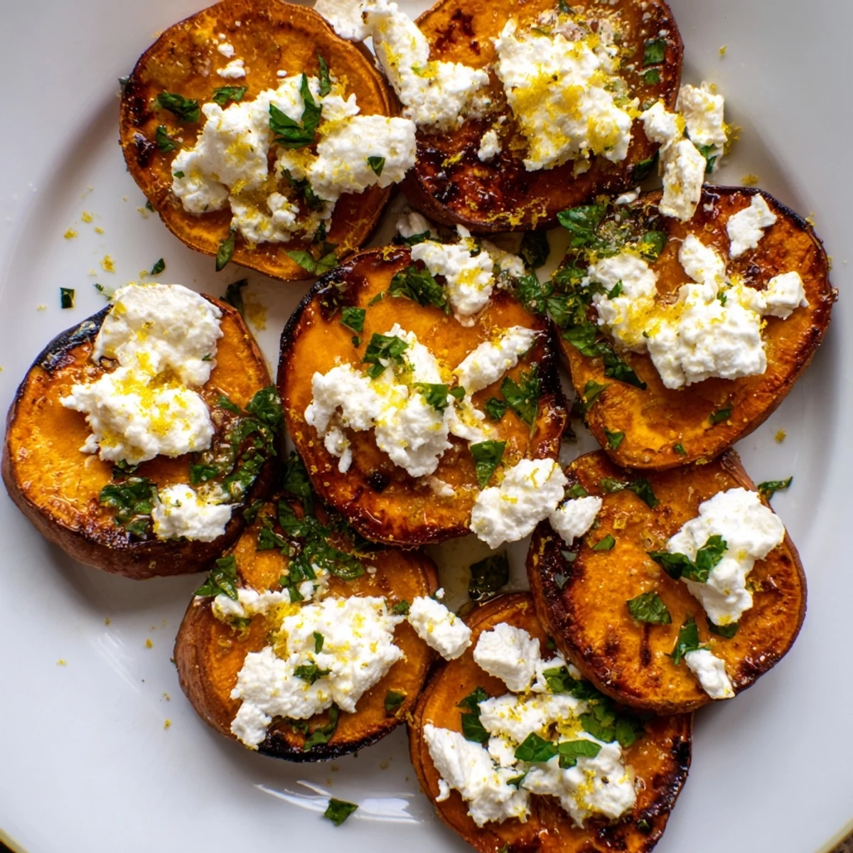 Caramelized Mediterranean sweet potato rounds drizzled with honey and sprinkled with creamy feta cheese