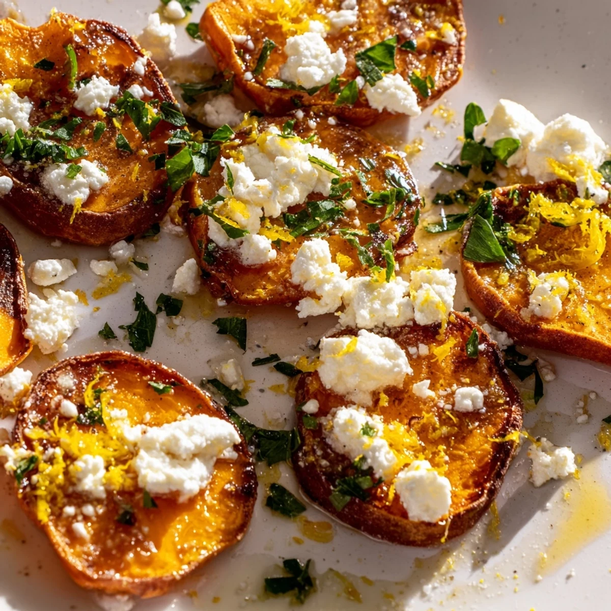 Golden roasted sweet potato rounds with honey feta topped with crumbled cheese and fresh parsley