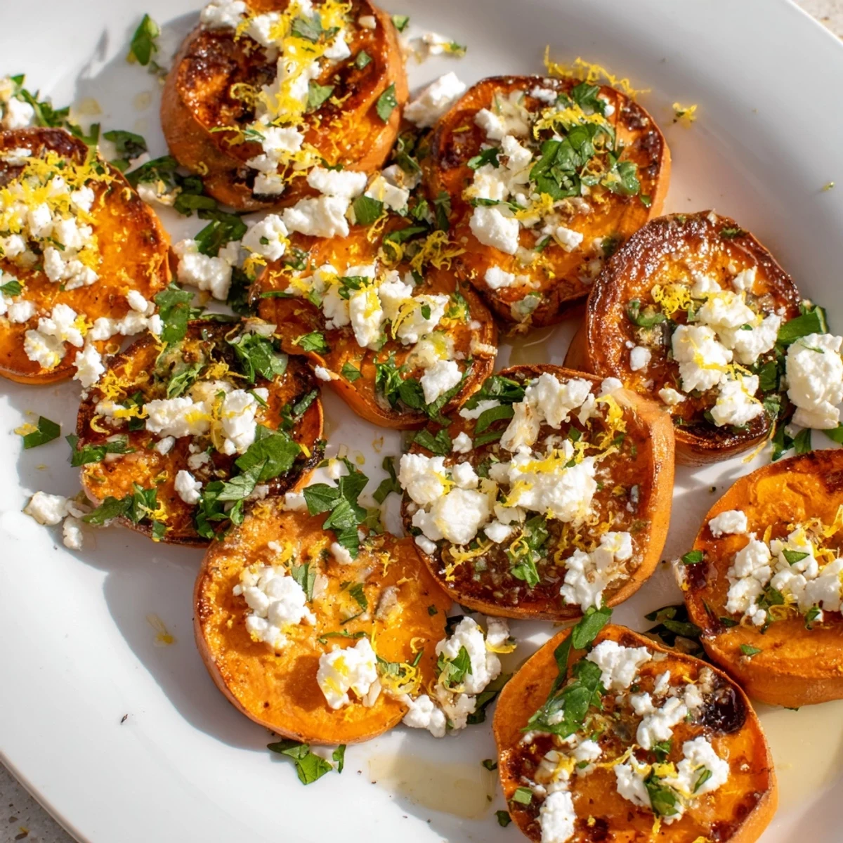 Easy roasted sweet potato rounds with honey feta served on a white platter with lemon zest