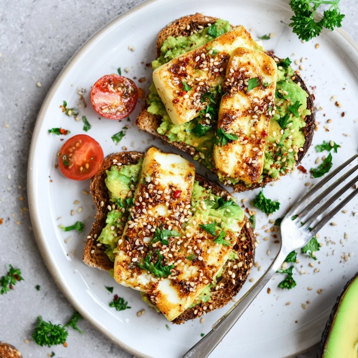 Crispy Halloumi Avocado Toast with golden cheese, creamy mashed avocado, lemon drizzle