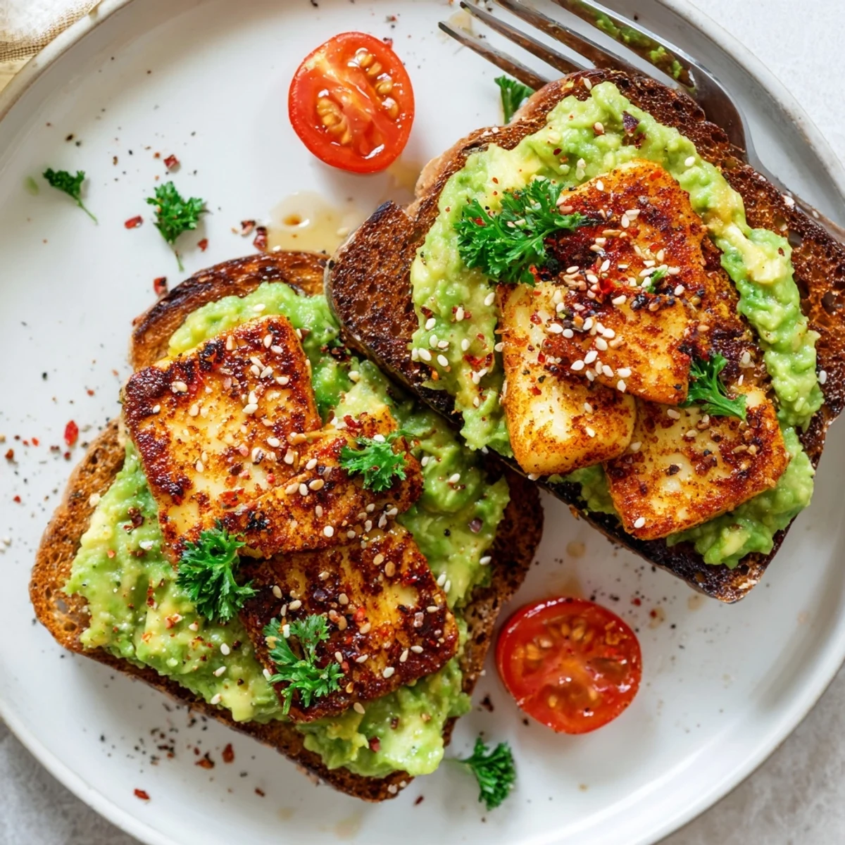 Warm Crispy Halloumi Avocado Toast recipe served on rustic sourdough with herbs